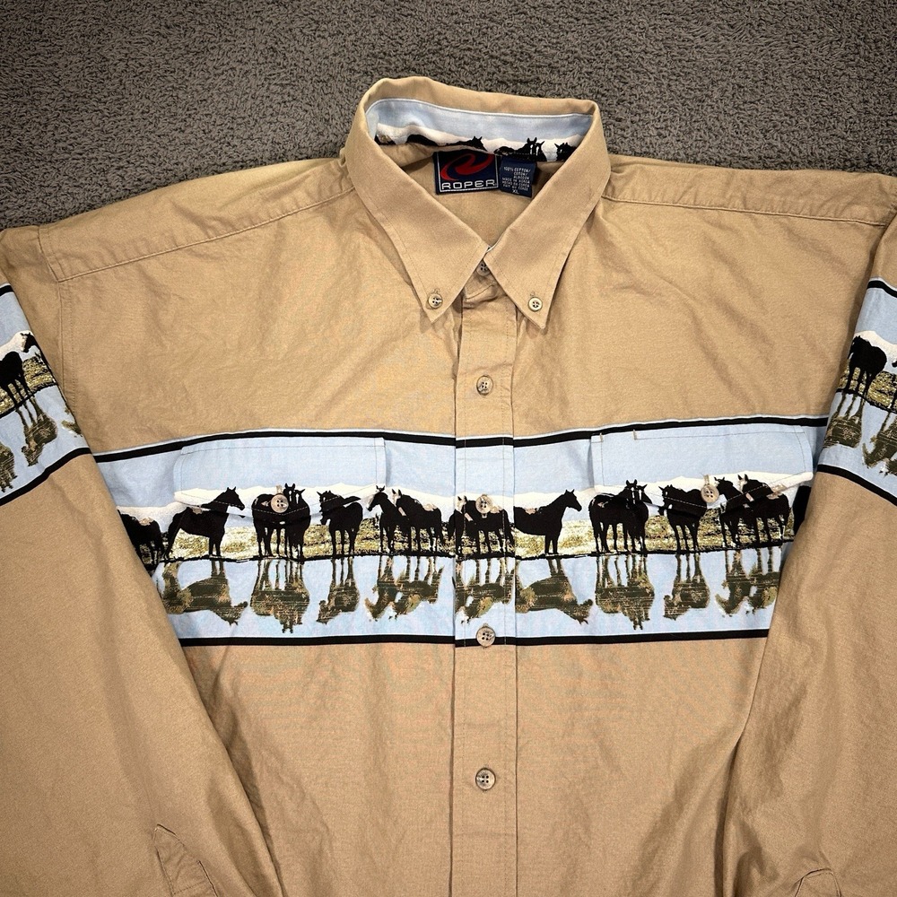Vtg Roper Western Shirt Mens Extra Large Tan Horse Aztec‎ Rodeo Rancher Cowboy - Picture 2 of 15
